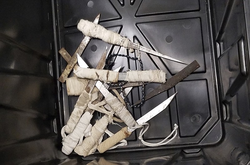This undated image released by the Alabama Department of Corrections on Thursday, April 18, 2019, shows illegal contraband from the William C. Holman Correctional Facility in Atmore, Ala. Prison officials say some 300 officers from multiple agencies searched the prison in an effort to reduce a trend of increasing violence in state lockups. (Alabama Department of Corrections via AP)