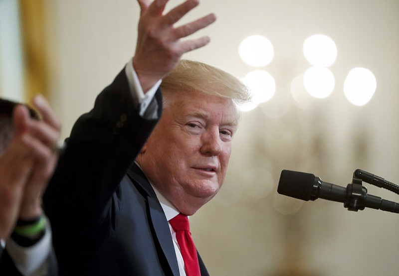 President Donald Trump gestures while speaking at a Wounded Warrior Project Soldier Ride event in the East Room of the White House, Thursday, April 18, 2019, in Washington. (AP Photo/Pablo Martinez Monsivais)