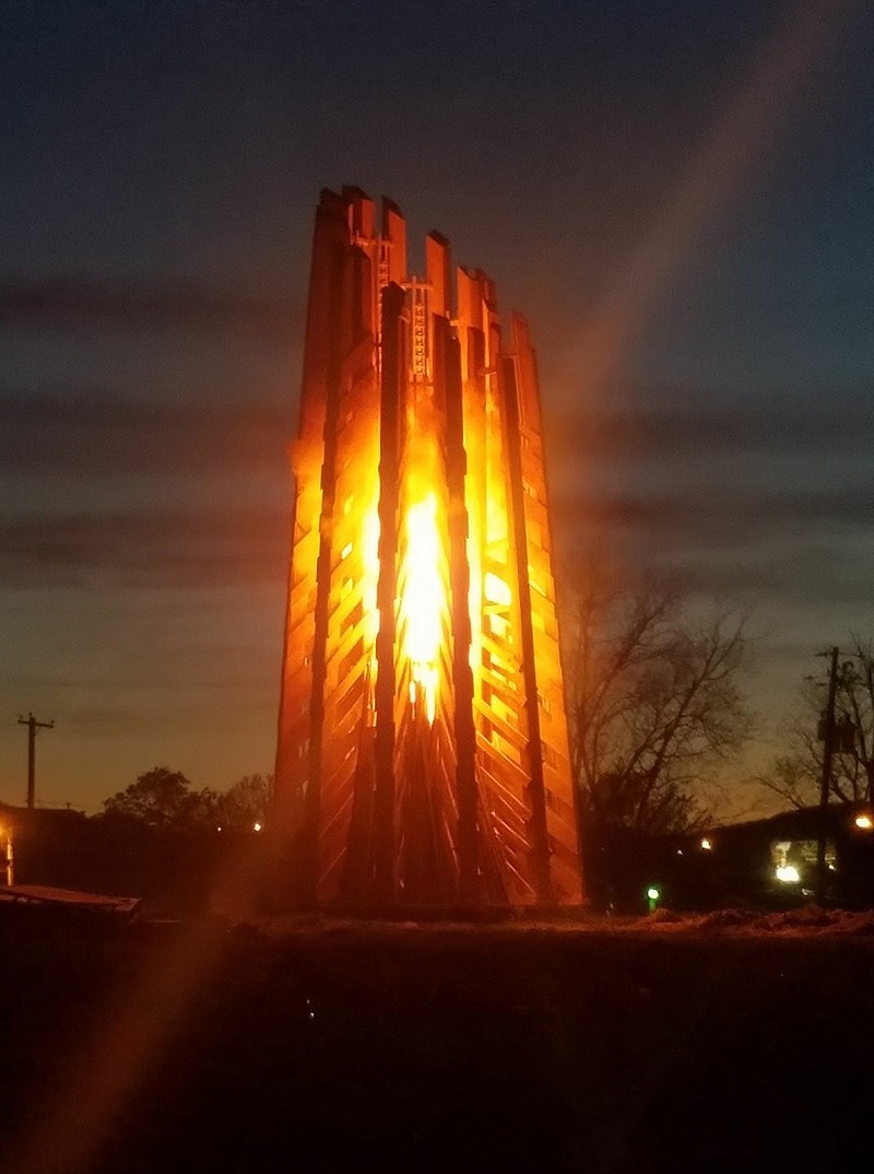A previous sculpture burn by Andrew Nigh previews this Saturday's burn of "Continuum," a three-story wooden structure that will be ignited as the finale of Spring Into Sculpture. / Sculpture Fields photo


