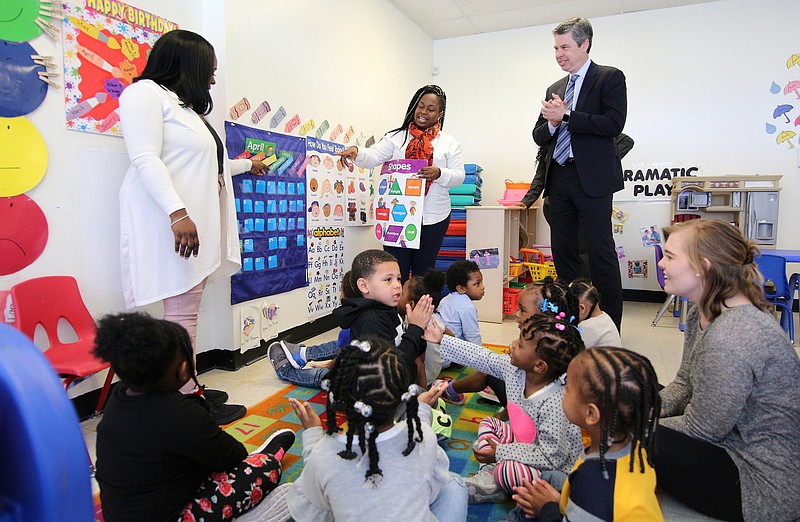 Chattanooga Mayor Andy Berke visits the classroom of Delrika Worbington, Tameria Fowler and Tiffany Riddle at Champion Christian Learning Academy earlier this month.