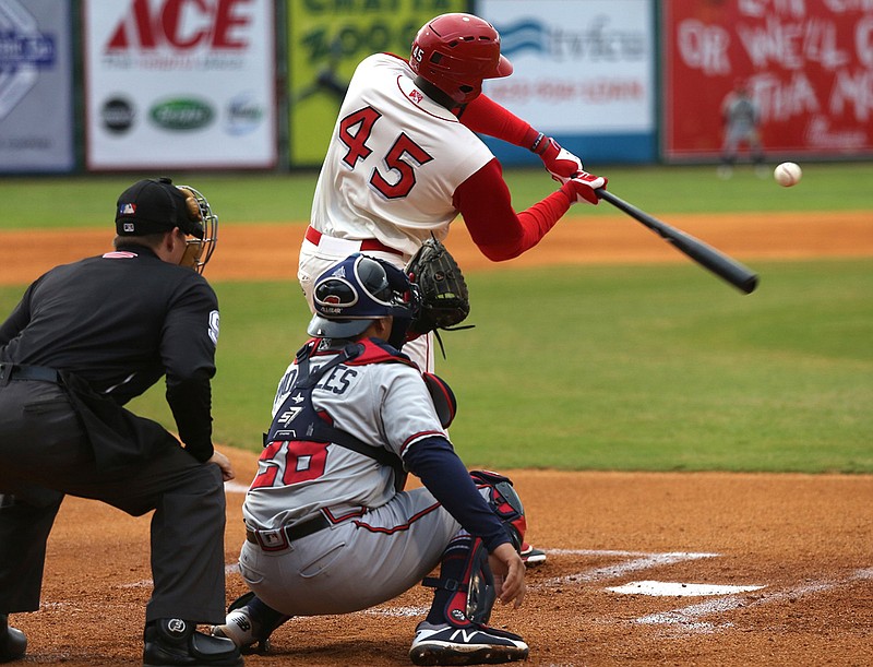 The Chattanooga Lookouts' Ibandel Isabel fouls off a pitch during a game against the Mississippi Braves on April 19 at AT&T Field.