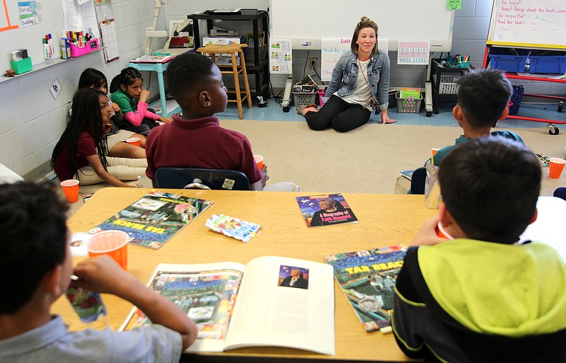 Catherine Casselman, a second grade teacher at East Side Elementary School, hosts a book club after school at East Side Elementary Thursday, April 18, 2019 in Chattanooga, Tennessee. Casselman is a graduate of the Public Education Foundation's Project Inspire teaching residency. About 10 students attend Casselman's book club each month. 