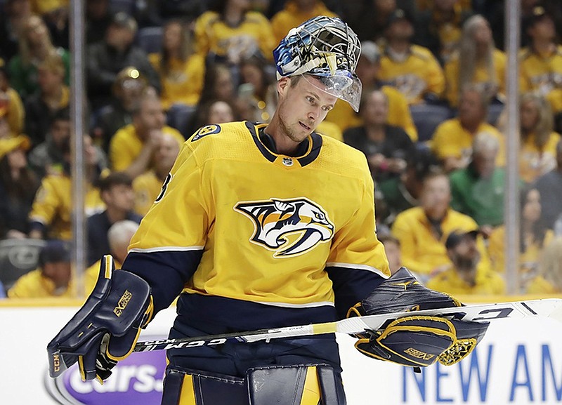 Nashville Predators goaltender Pekka Rinne skates back to the net during a stop in play in Saturday's playoff game against the Dallas Stars in Nashville.