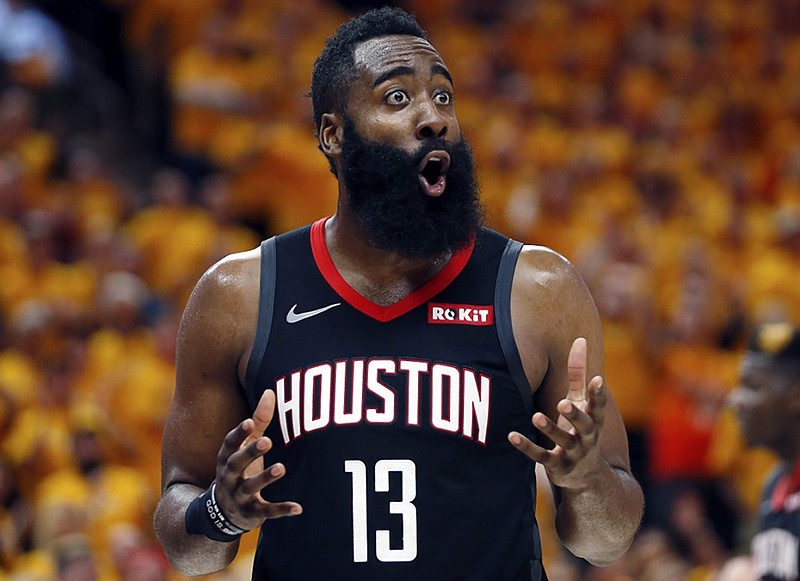 Houston Rockets guard James Harden reacts after a foul during the second half of his team's playoff game against the Utah Jazz on Saturday in Salt Lake City.