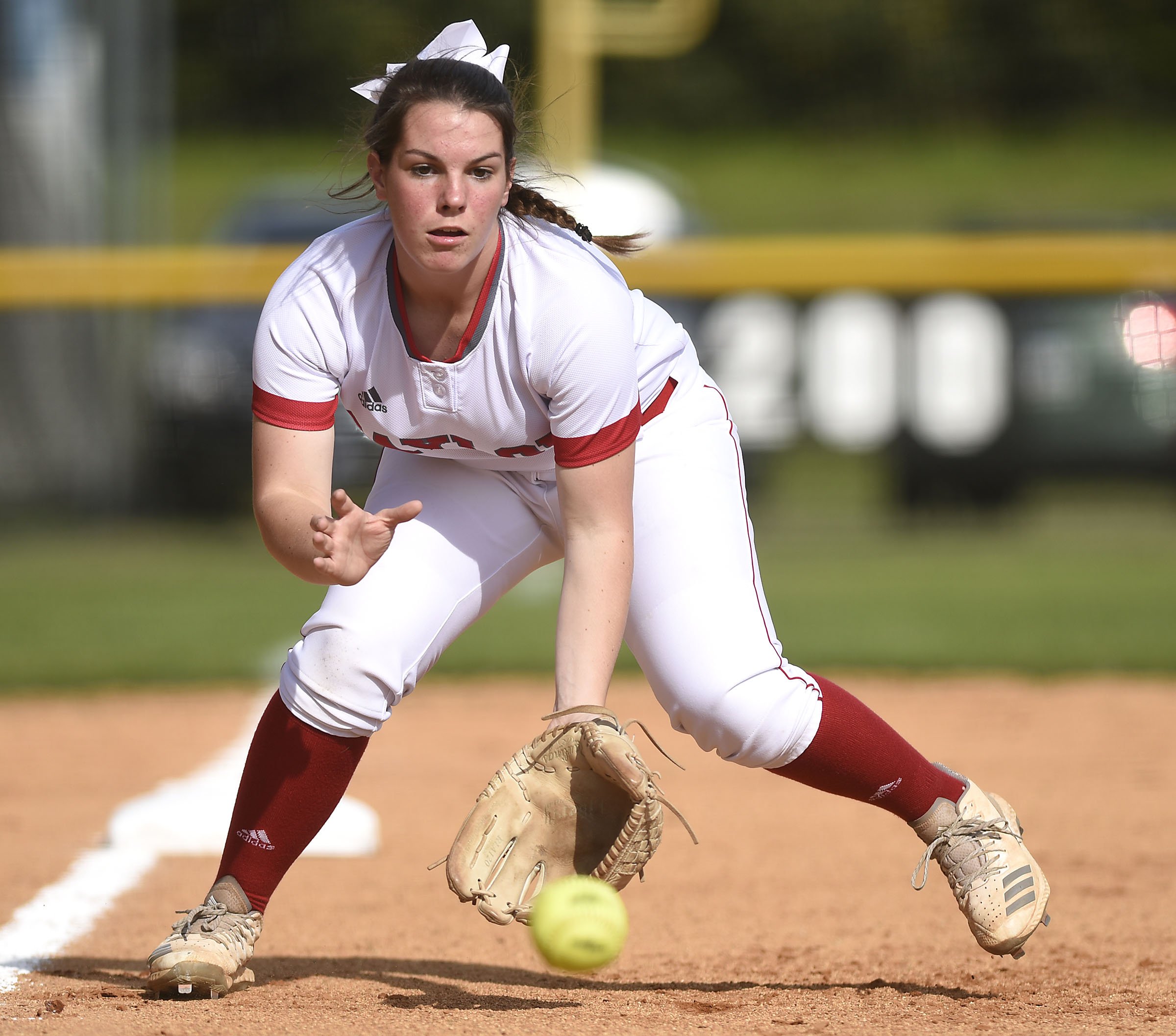 Baylor third baseman Raven Jones (26) fields a grounder. Jones completed the play for a out. The Baylor Lady Raiders visited the Girls Preparatory School Bruisers in TSSAA softball action. The Bruisers won 5 to 0.