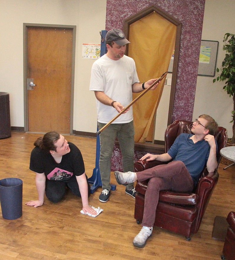 Rehearsing Ken Ludwig's "Baskerville" are, from left, Ben Levin (Daisy), Taylor Williams (Sherlock Holmes) and Joseph Watts (Dr. John Watson). / Chattanooga State contributed photo