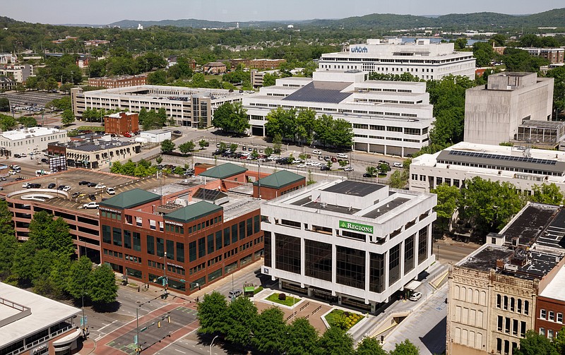 Downtown Chattanooga, Tennessee, is photographed Tuesday, April 16, 2019. Chattanooga has received a "D" grade in the American Lung Association in Tennessee's annual State of the Air Report two years after having some of the cleanest air in the country.