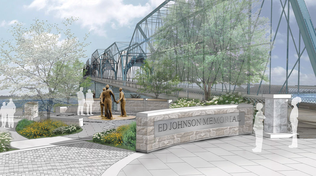 Hamilton County commissioners approved $100,000 toward the independent citizen-led movement to build a memorial at the Walnut Street Bridge to honor Ed Johnson, whose unjust lynching at the hands of an angry mob in 1906 led to a federal overhaul of the justice system's due process. / Contributed Rendering