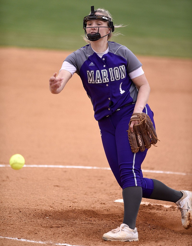 Marion County pitcher Sara Muir delivers to the plate in a past game. She pitched a shutout and hit the winning home run in 
Tuesday's 1-0 win over Sequatchie County.