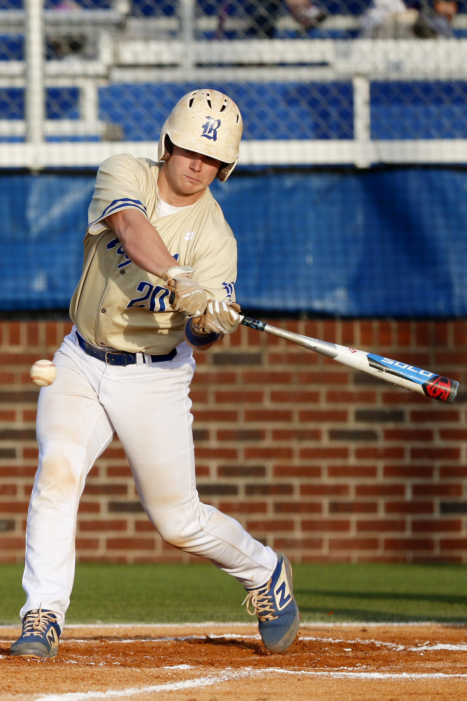 Ringgold's Daulton Schley hits a line drive back to the pitcher during the second game of a double header in the first round of the GHSA playoffs against Cherokee Bluff at Bill Womack Field at Ringgold High School on Wednesday, April 24, 2019 in Ringgold, Ga.