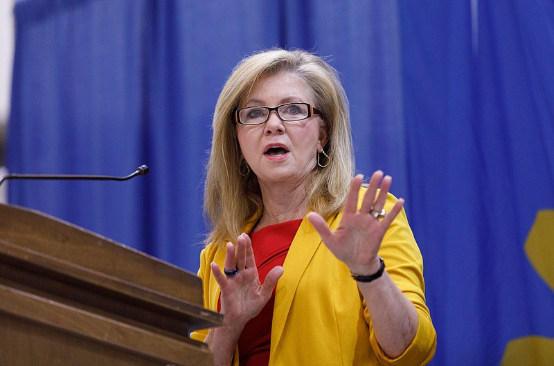 U.S. Sen. Marsha Blackburn speaks during a Chattanooga Rotary Club luncheon at the Chattanooga Convention Center on Thursday, April 25, 2019, in Chattanooga, Tenn. Sen. Blackburn said during the speech that Tennesseeans are ready to move on from the Mueller investigation.