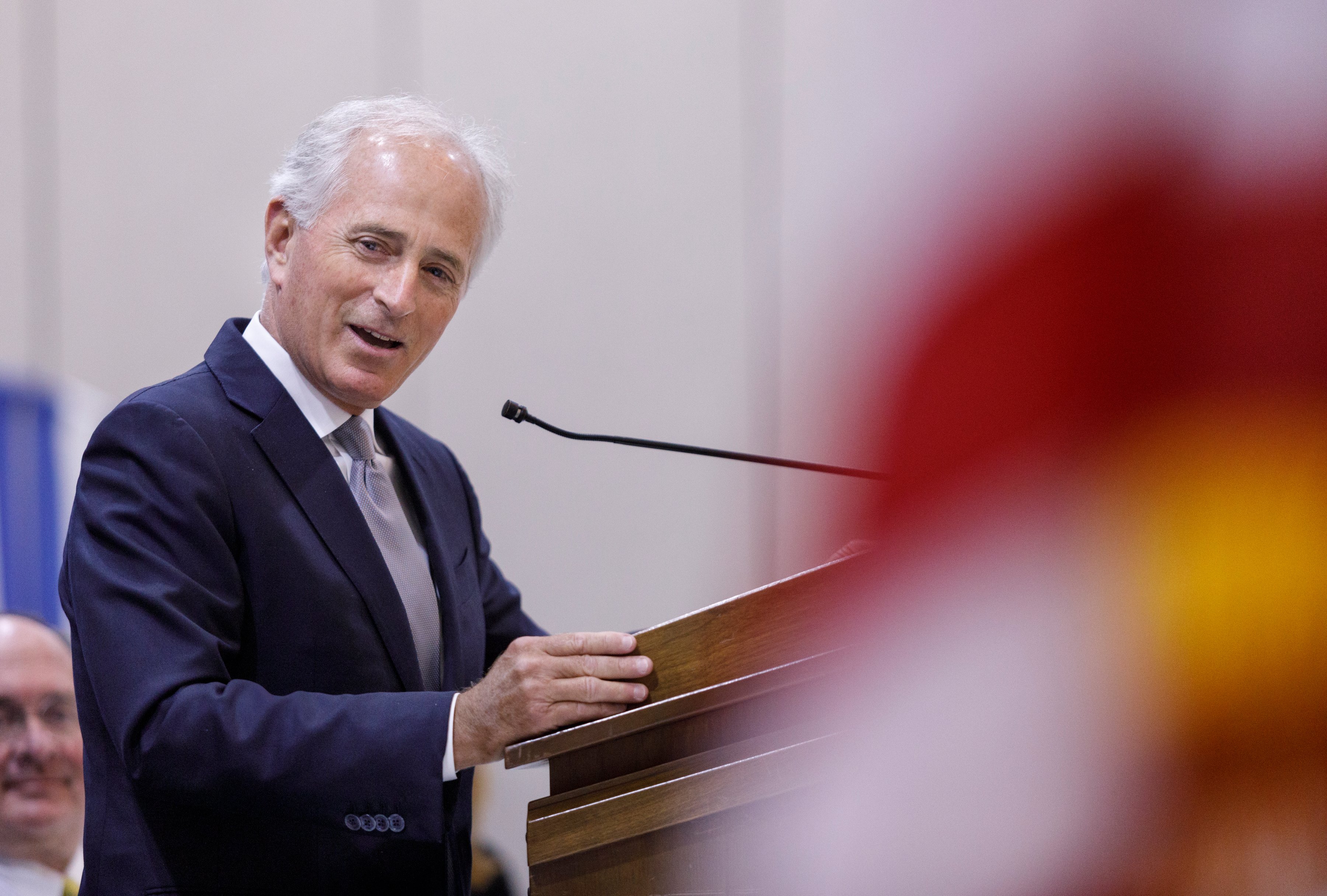 Former Sen. Bob Corker introduces Sen. Marsha Blackburn during a Chattanooga Rotary Club luncheon at the Chattanooga Convention Center on Thursday, April 25, 2019, in Chattanooga, Tenn. Sen. Blackburn said during a speech that Tennesseeans are ready to move on from the Mueller investigation.