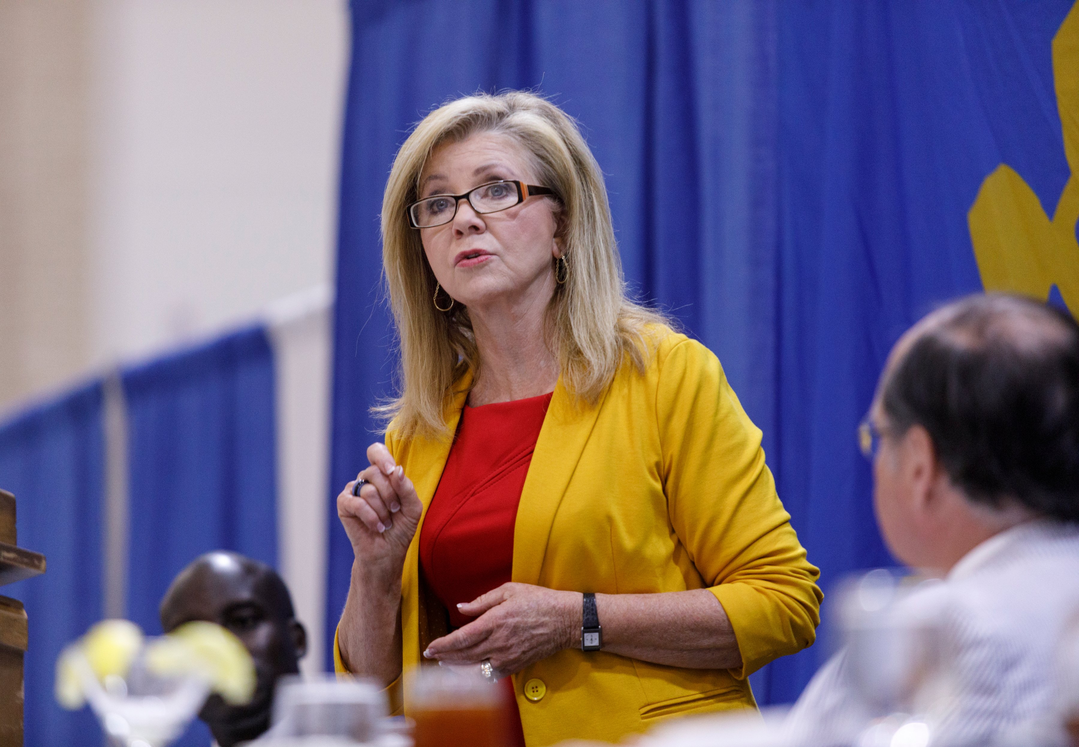 U.S. Sen. Marsha Blackburn speaks during a Chattanooga Rotary Club luncheon at the Chattanooga Convention Center on Thursday, April 25, 2019, in Chattanooga, Tenn. Sen. Blackburn said during the speech that Tennesseeans are ready to move on from the Mueller investigation.
