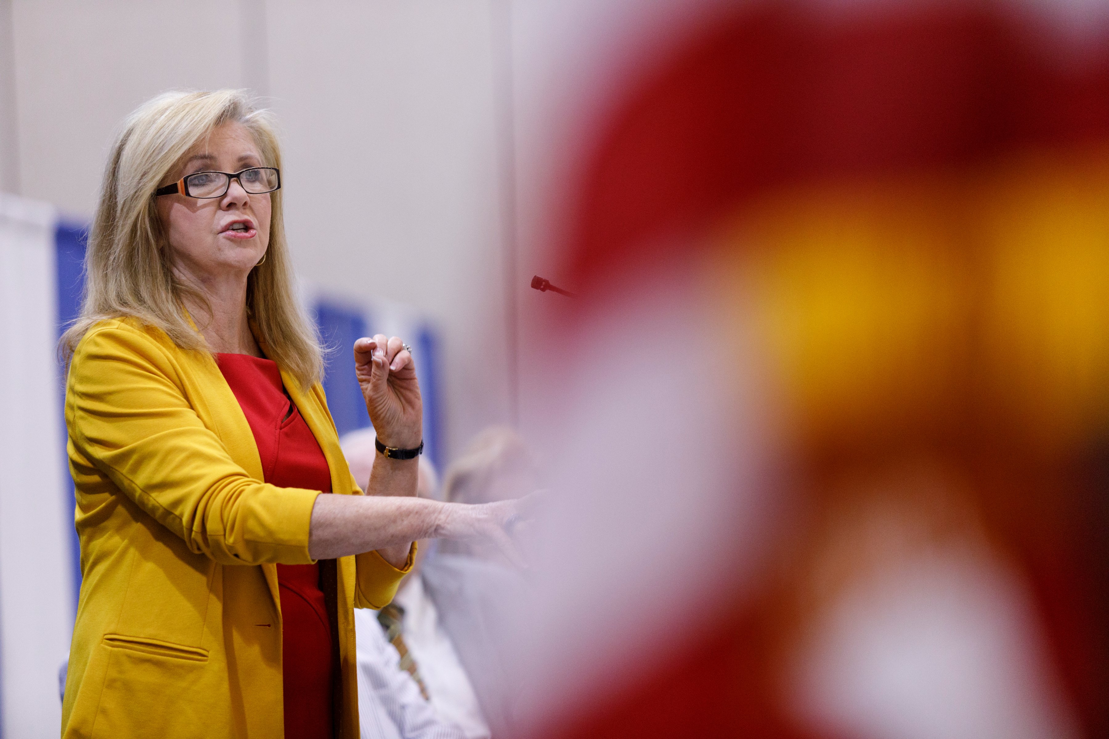 U.S. Sen. Marsha Blackburn speaks during a Chattanooga Rotary Club luncheon at the Chattanooga Convention Center on Thursday, April 25, 2019, in Chattanooga, Tenn. Sen. Blackburn said during the speech that Tennesseeans are ready to move on from the Mueller investigation.