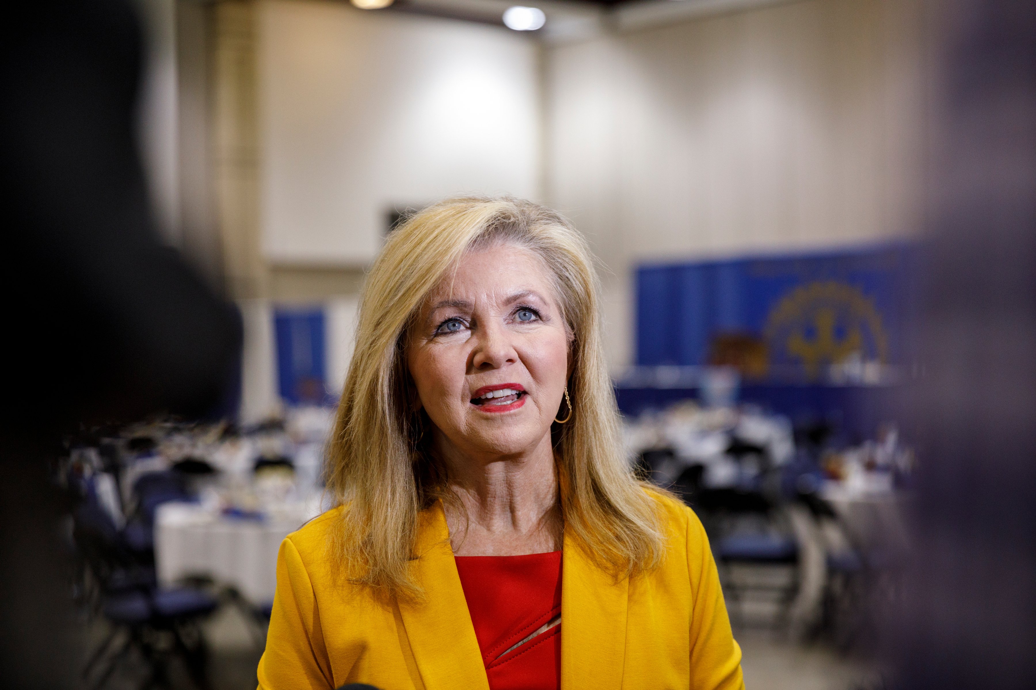 U.S. Sen. Marsha Blackburn speaks to media following a Chattanooga Rotary Club luncheon at the Chattanooga Convention Center on Thursday, April 25, 2019, in Chattanooga, Tenn. Sen. Blackburn said during a speech that Tennesseeans are ready to move on from the Mueller investigation.