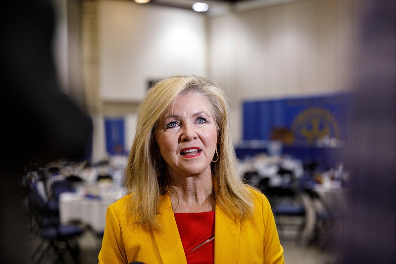 U.S. Sen. Marsha Blackburn speaks to media following a Chattanooga Rotary Club luncheon at the Chattanooga Convention Center on Thursday, April 25, 2019, in Chattanooga, Tenn. Sen. Blackburn said during a speech that Tennesseeans are ready to move on from the Mueller investigation.