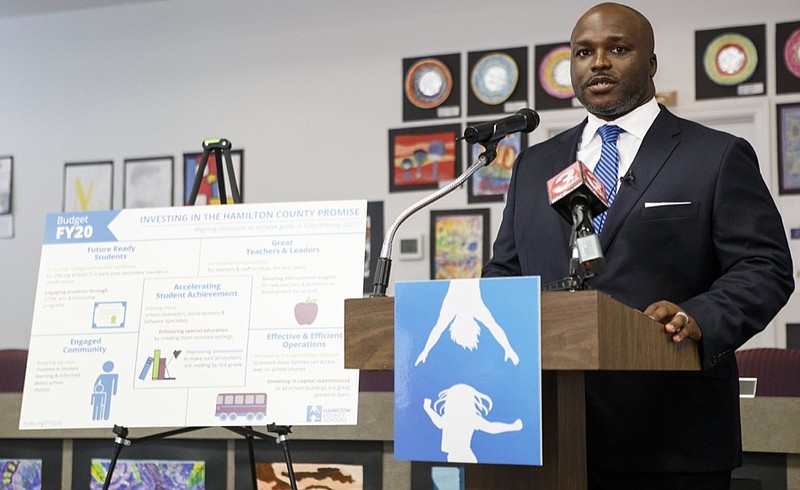 Superintendent Bryan Johnson speaks about the proposed 2019-20 budget during a press conference at the Hamilton County Schools board room on Thursday, April 25, 2019 in Chattanooga, Tenn.