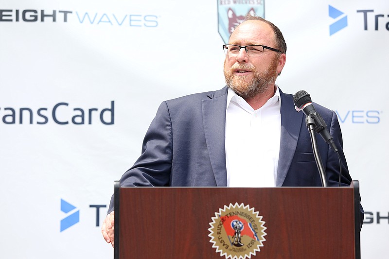 Staff photo / Sean McDaniel, president of the Chattanooga Red Wolves, speaks about the new soccer complex that will be built in East Ridge during a news conference on April 25, 2019 at East Ridge City Hall. The Red Wolves, a USL League One team, are building a new 5,500-seat facility adjacent to Camp Jordan.