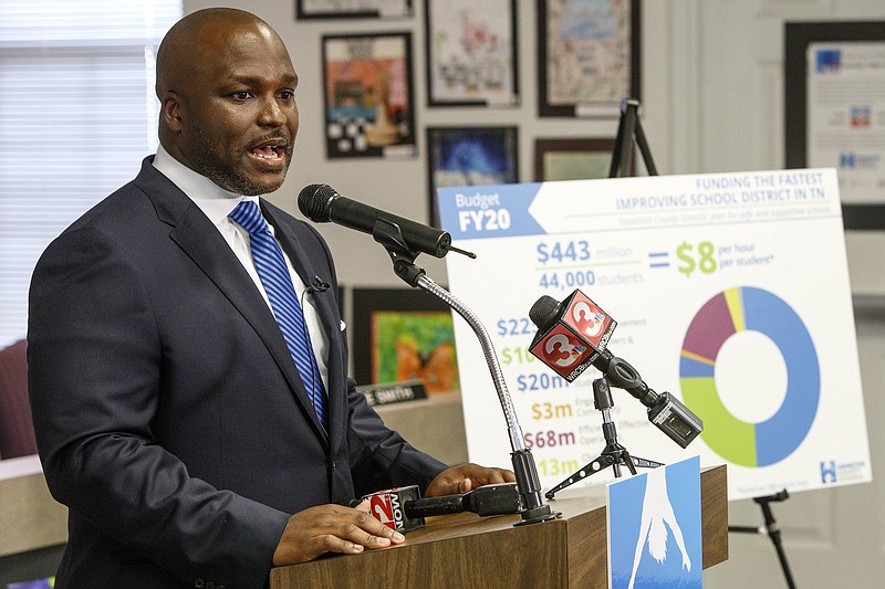 Staff photo by C.B. Schmelter / Superintendent Bryan Johnson speaks about the proposed 2019-20 budget during a press conference at the Hamilton County Schools board room on Thursday, April 25, 2019 in Chattanooga, Tenn.