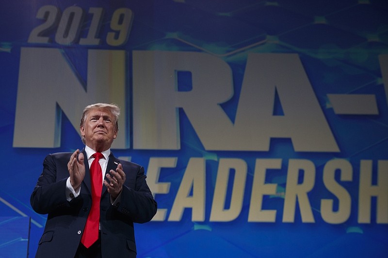 President Donald Trump arrives to speak to the annual meeting of the National Rifle Association, Friday, April 26, 2019, in Indianapolis. (AP Photo/Evan Vucci)