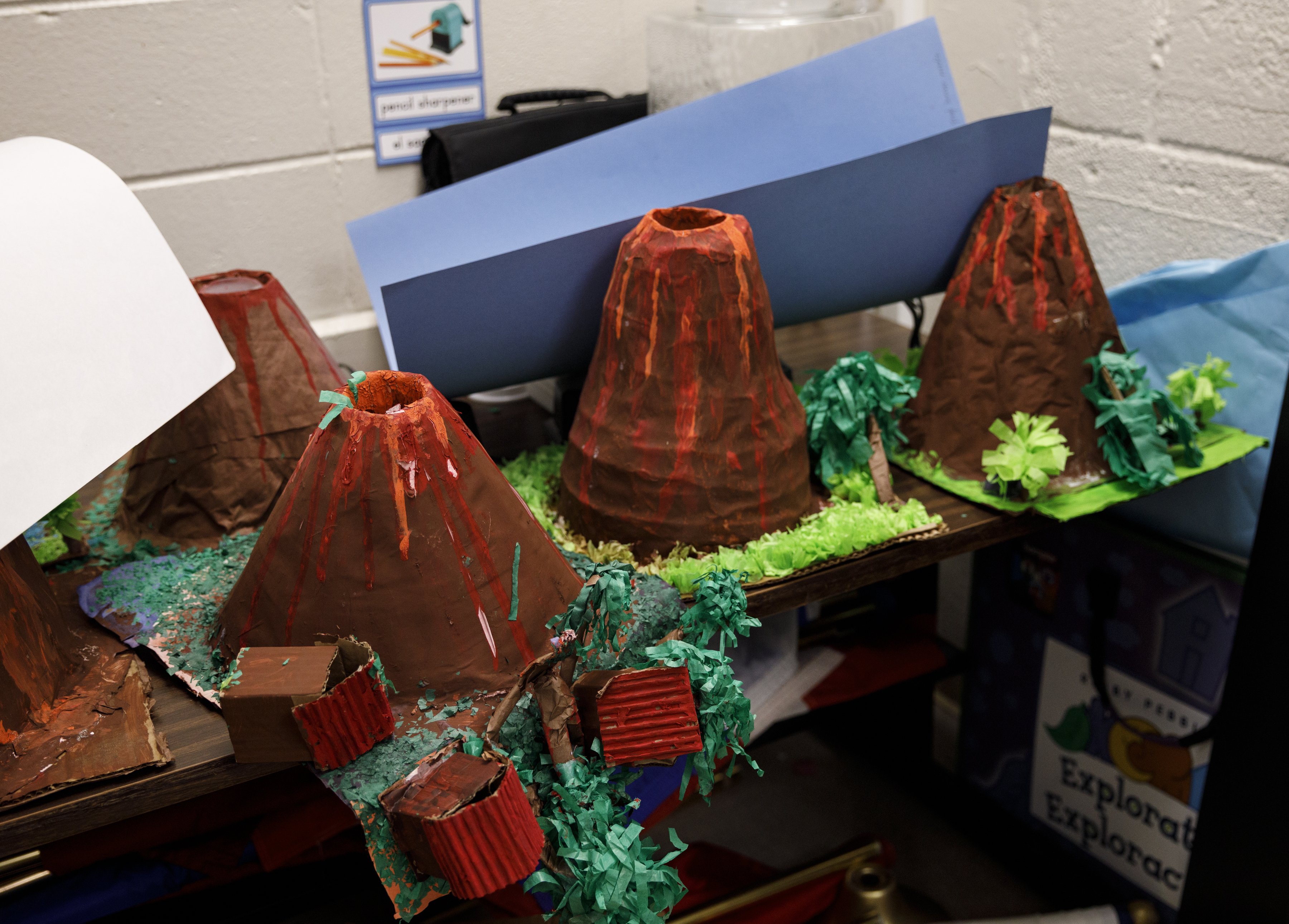 Volcanoes made by students are seen in a NewComer Academy class at Howard School on Tuesday, April 23, 2019, in Chattanooga, Tenn. Howard has launched NewComer Academy to help acclimate new Hispanic students, who comprised nearly 60% of the school's 2019 freshmen class.