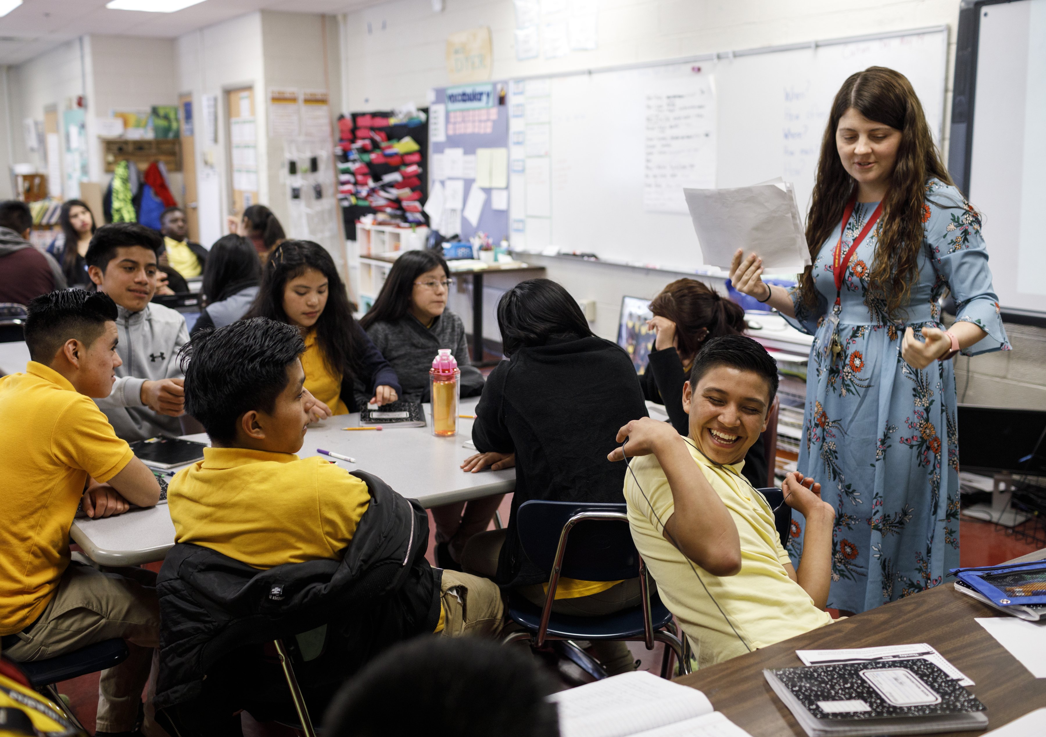 Andrea Dyer, right, teaches a NewComer Academy class at Howard School on Tuesday, April 23, 2019, in Chattanooga, Tenn. Howard has launched NewComer Academy to help acclimate new Hispanic students, who comprised nearly 60% of the school's 2019 freshmen class.