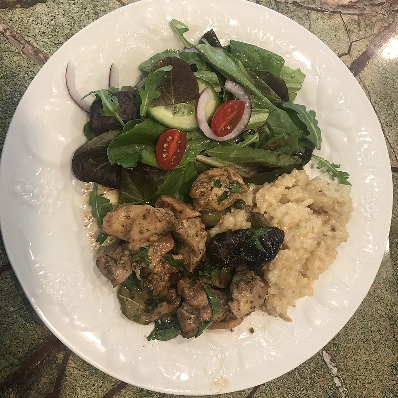 Porcini risotto is the perfect complement to a nice tossed salad and chicken marbella.