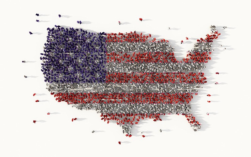Large group of people forming The United States of America, social media concept. 3d illustration map of the united states usa map work jobs employment / Getty Images