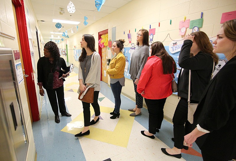 East Lake Elementary School principal Joyce Lancaster leads a group of potential teacher candidates on a tour of East Lake Elementary School Friday, January 18, 2019 in Chattanooga, Tennessee. Hamilton County Schools is holding school preview, tour days and first-round interviews with interested candidates as the school system prepares for recruiting teachers for the 2019-2020 school year.