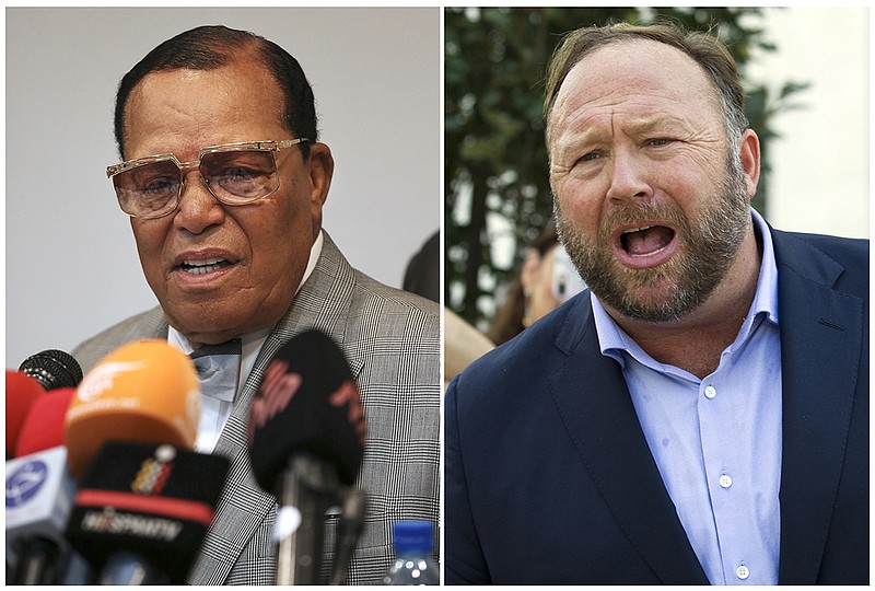 This combination of file photo shows minister Louis Farrakhan, the leader of the Nation of Islam, in Tehran, Iran, on Nov. 8, 2018, left, and conspiracy theorist Alex Jones in Washington on Sept. 5, 2018, right. Facebook has banned Louis Farrakhan, Alex Jones and others from its platform and from Instagram saying they violated its ban against hate and violence. The company said Thursday it has also banned extreme right-wing figures Paul Nehlen, Milo Yiannopoulos, Paul Joseph Watson, Laura Loomer and the conservative conspiracy site Infowars. Jones was already banned from Facebook but not from Instagram. (AP Photo)