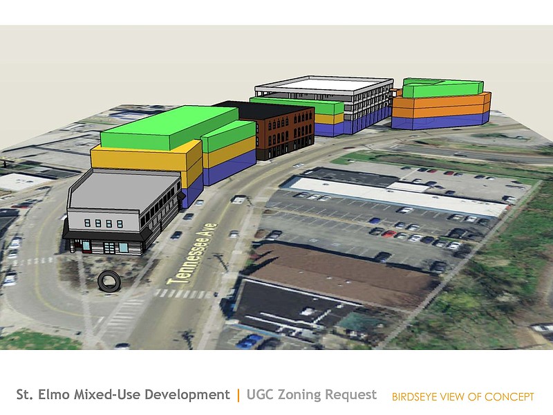 These renderings and site plans show the building phases of a proposed $21 million St. Elmo mixed-use development. / Contributed by Berry Engineers LLC
