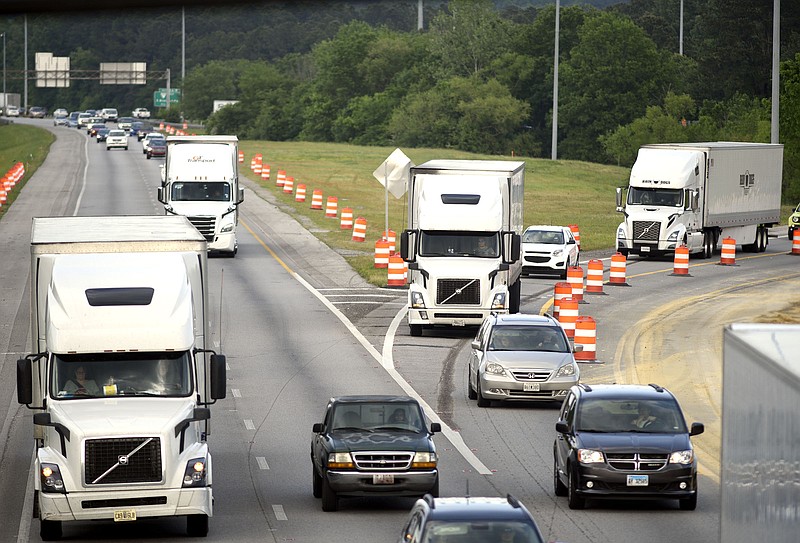 Southbound and northbound traffic from Interstate 75 merge to form westbound Interstate 24, just before the Spring Creek Road Bridge.   Work has begun on the resign of the I-75-I-24 split. Crews are delivering materials and beginning early survey and grading work on May 2, 2019.