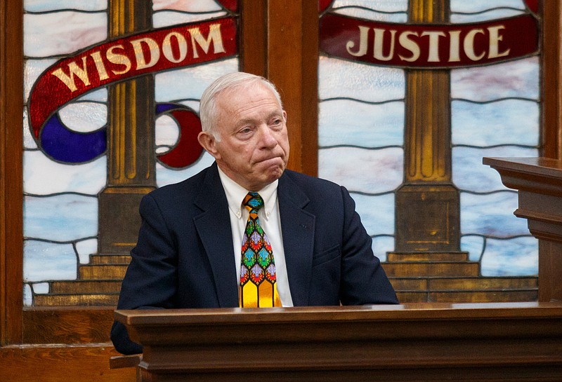 Chattooga County Board of Education Chair John Agnew testifies during a hearing in Senior Judge Adele Grubbs's courtroom in Chattooga County Superior Court on Tuesday, May 7, 2019, in Summerville, Tenn. The hearing was held regarding Allan Baggett's petition to recall Agnew.