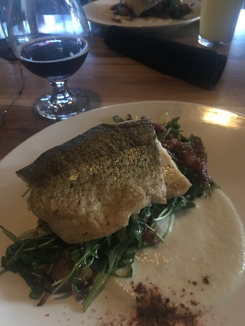 Pickett's Ranch Trout, which features a thick, perfectly prepared piece of fish, is served with fingerling potato salad, house bacon lardons and fennel creme.