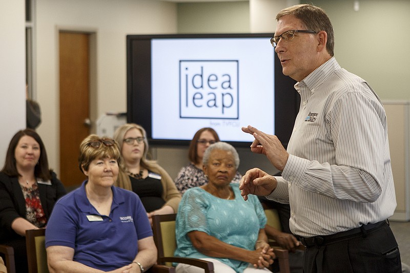 Vice President of Business and Commercial Services Tommy Nix speaks during the Idea Leap Grant kickoff breakfast at Tennessee Valley Federal Credit Union on Tuesday, May 7, 2019 in Chattanooga, Tenn. Grant money will be awarded to five winners: first place getting $20,000, second place getting $15,000, third place getting $10,000 and fourth/fifth place receiving $2,500 each for a total of $50,000 in grant money awarded.