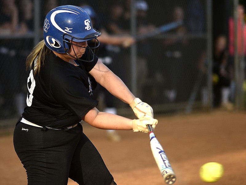 Sale Creek's Kristen Sharp makes contact in the District 4-A softball tournament championship game Tuesday night against Tellico Plains. Sale Creek won 8-0.