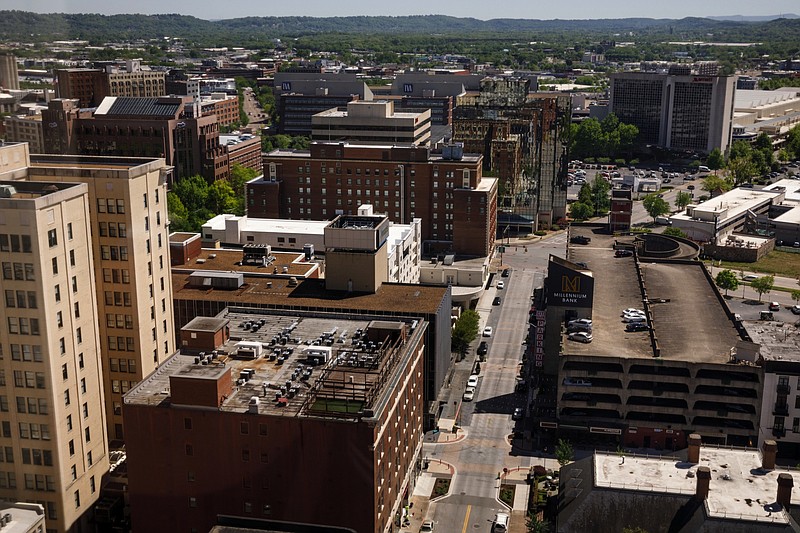 Buildings inside a proposed Business Improvement District are seen on Tuesday, April 16, 2019, in Chattanooga, Tenn. The proposed district would encompass downtown Chattanooga from the Riverfront to 11th Street and from U.S. Highway 27 to different areas bordered by Cherry Street, Lindsay Street and Georgia Avenue.