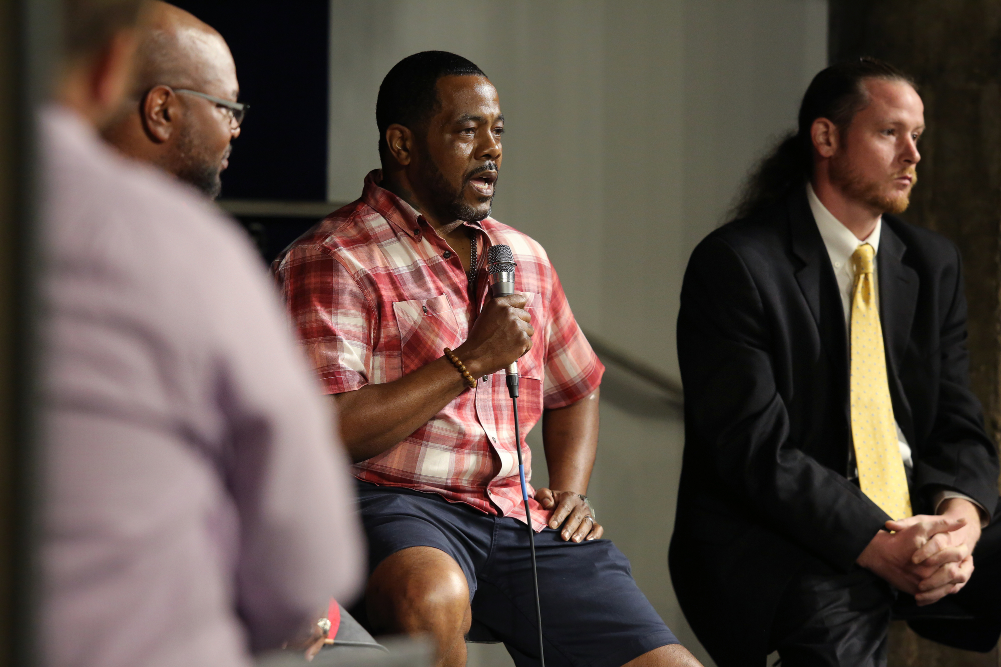 Joe Jenkins talks about his experiences of being arrested during panel discussion about the documentary "32" at Camp House Thursday, May 9, 2019 in Chattanooga, Tennessee. Jenkins was one of the 32 black males arrested in a federal roundup that occurred in 2013.