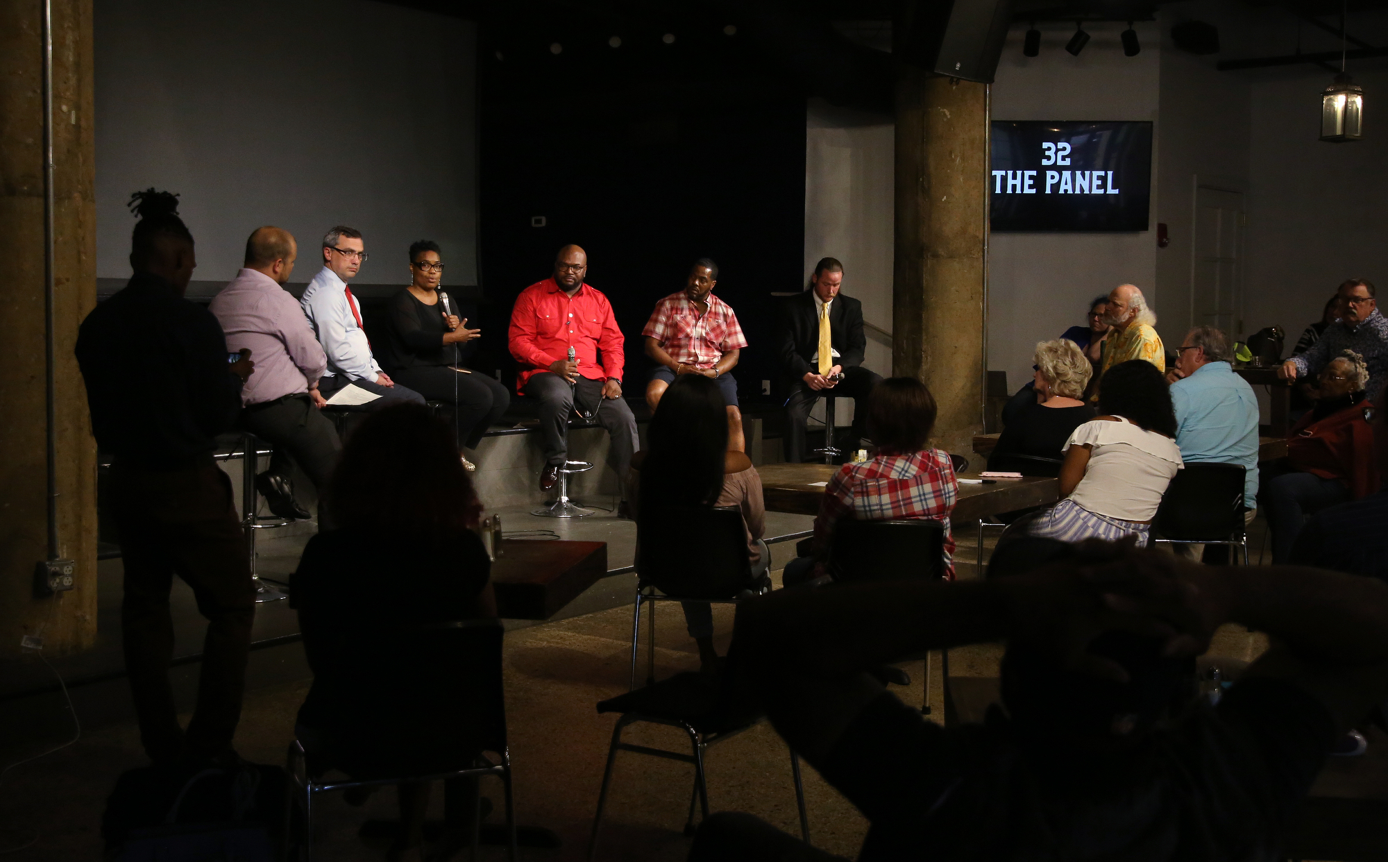 Panelists discuss disparities in the justice system during viewing of the documentary "32" at Camp House Thursday, May 9, 2019 in Chattanooga, Tennessee. The documentary is about a 32-man federal roundup that occurred in 2013.