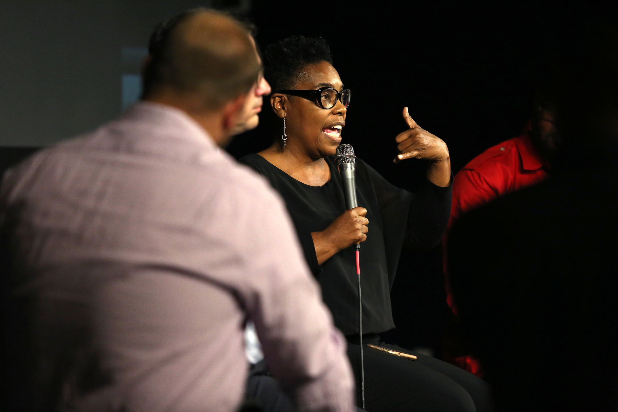 Councilwoman Demetrus Coonrod talks about the need for more reintroduction programs for individuals who have spent significant time in jail or prison to deter recidivism during panel discussion at Camp House Thursday, May 9, 2019 in Chattanooga, Tennessee. Coonrod said typically a lot has changed by the time those individuals are reintroduced into the public, and all they know to do is to go back to their old ways due to lack of resources.