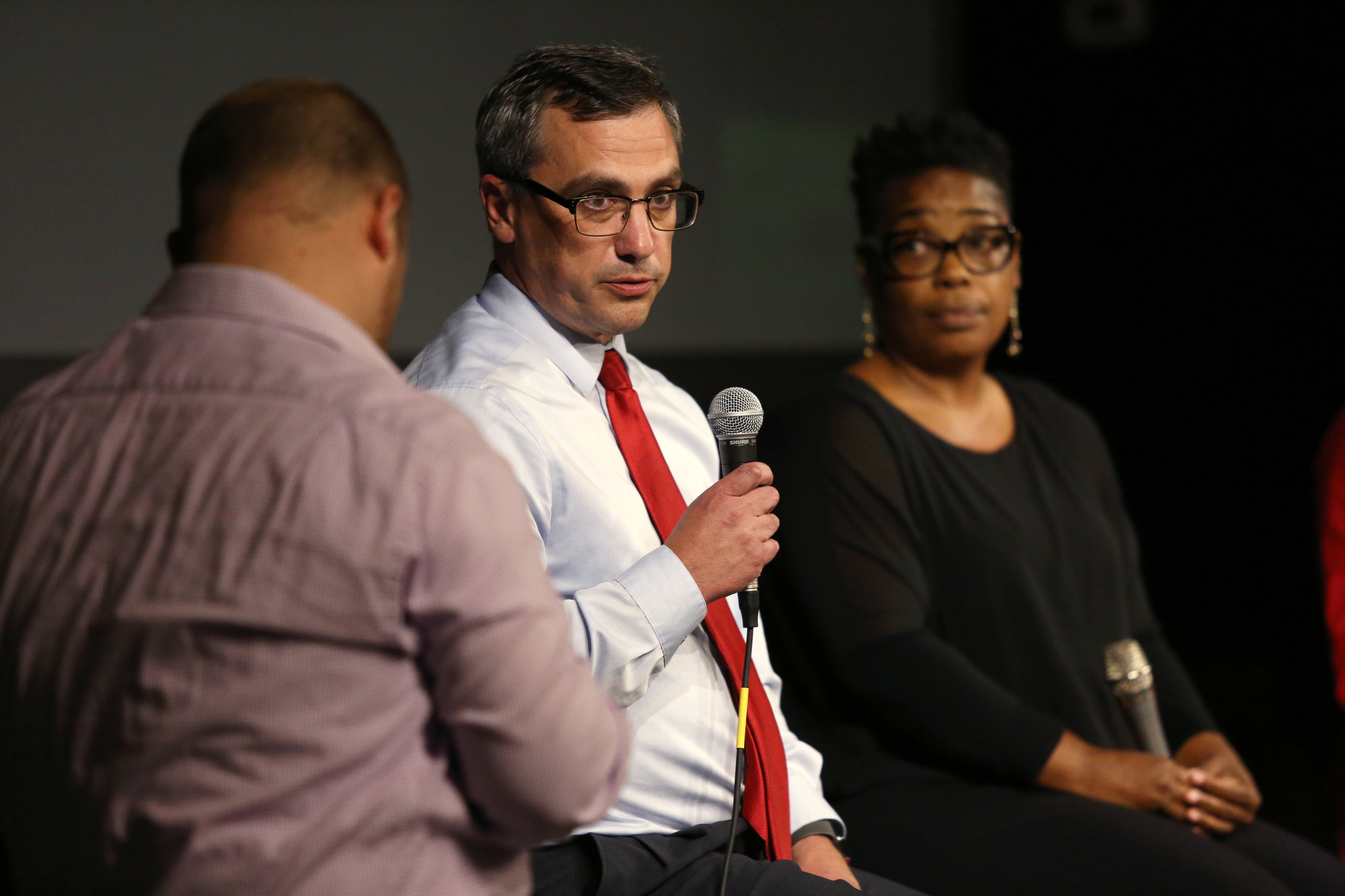 Neal Pinkston, the Hamilton County District Attorney, talks about a reintroduction program that is run out of his office during panel discussion at Camp House Thursday, May 9, 2019 in Chattanooga, Tennessee. Pinkston was one of five panelists to speak during a viewing of the documentary "32" which revolves around a 32-man federal roundup that occurred in 2013.