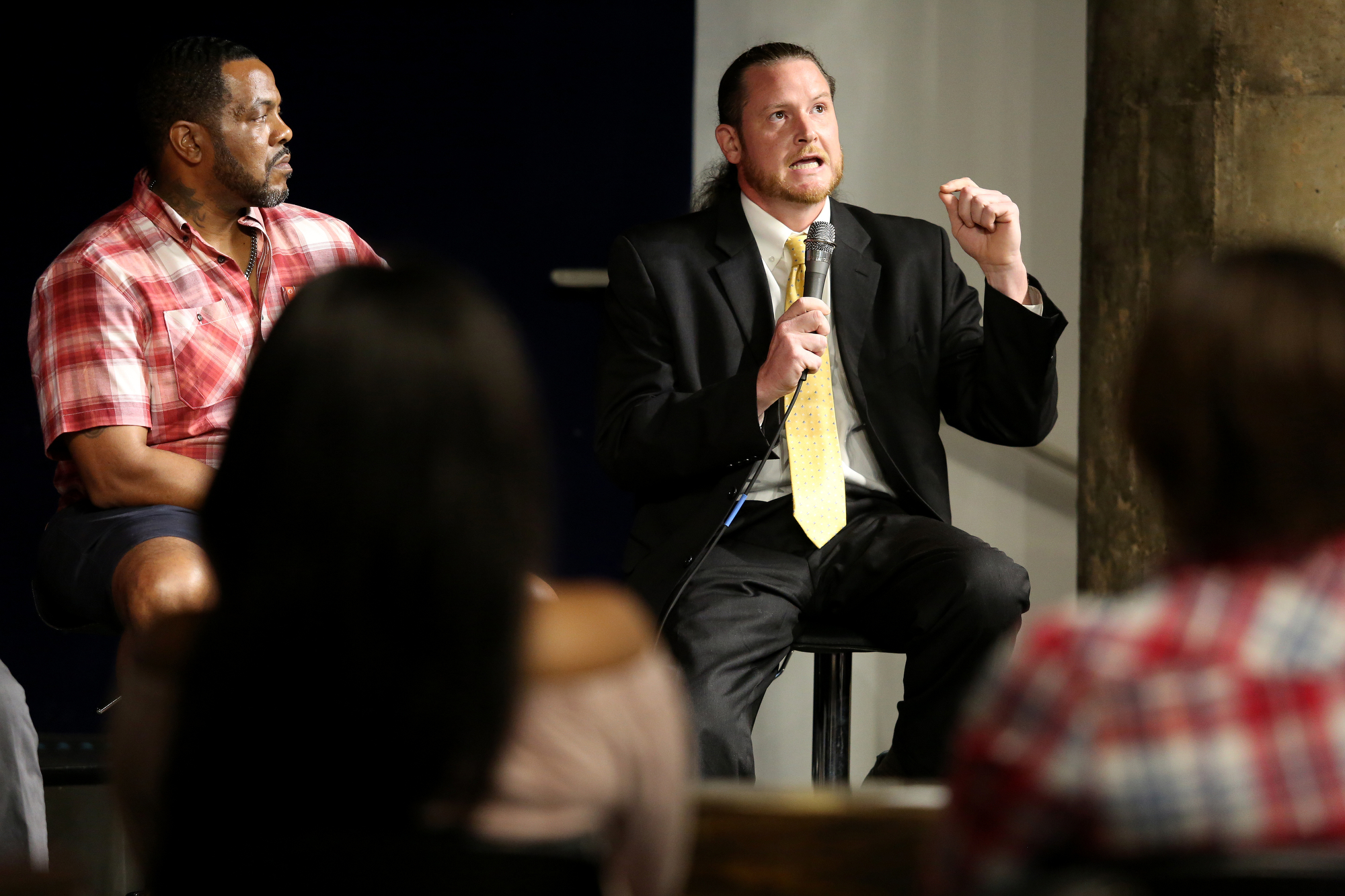 Jackson Whetsel, an assistant federal defender with Federal Defender Services of Eastern Tennessee, Inc., talks about the 13th Amendment during panel discussion at Camp House Thursday, May 9, 2019 in Chattanooga, Tennessee. The amendment was brought up by Councilwoman Demetrus Coonrod as she asked people in the audience to stand if they had ever been enslaved by the system, referring to being incarcerated.