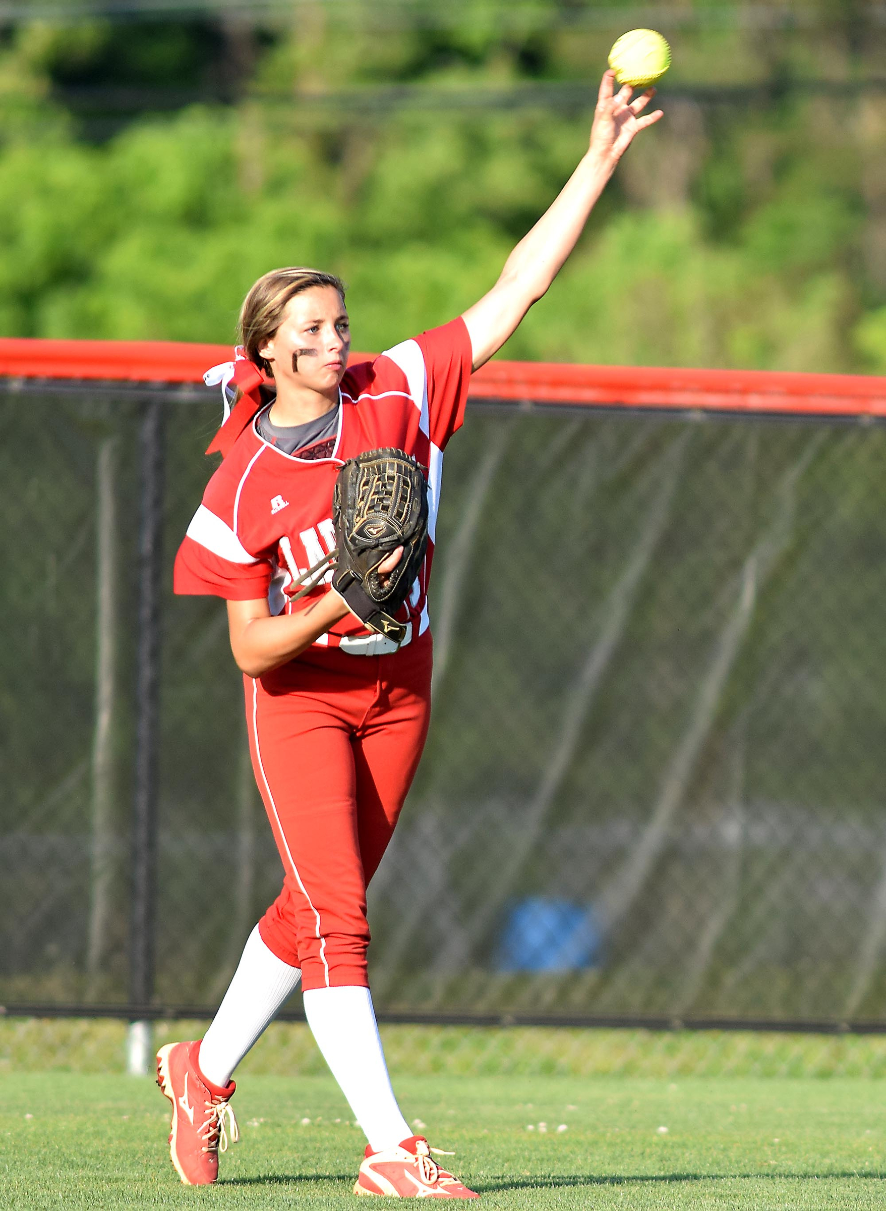 Ooltewah center fielder Addy Keylon (7) throws the ball back into the infield after a Soddy-Daisy hit. The Ooltewah Lady Owls hosted the Soddy-Daisy Lady Trojans in TSSAA softball action on Tuesday April 26, 2016.