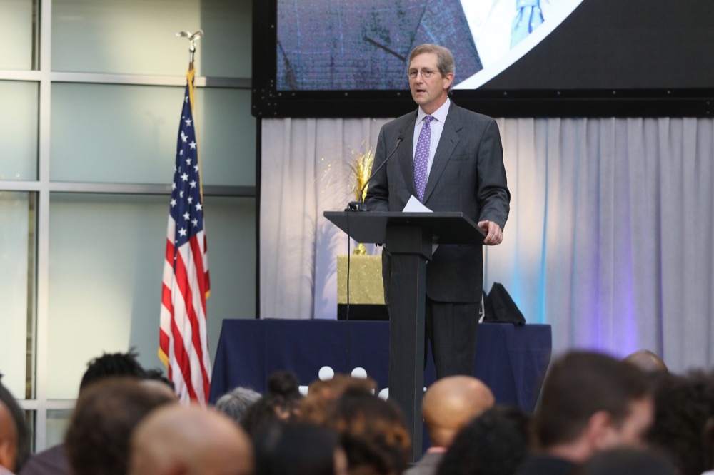 Tom White, Unum senior vice president, gives welcoming remarks during the OZcars Gala Friday, May 10, 2019 at Unum in Chattanooga, Tennessee. The event was held for the Opportunity Zone schools in Hamilton County to celebrate educators who have gone above and beyond to help students succeed.