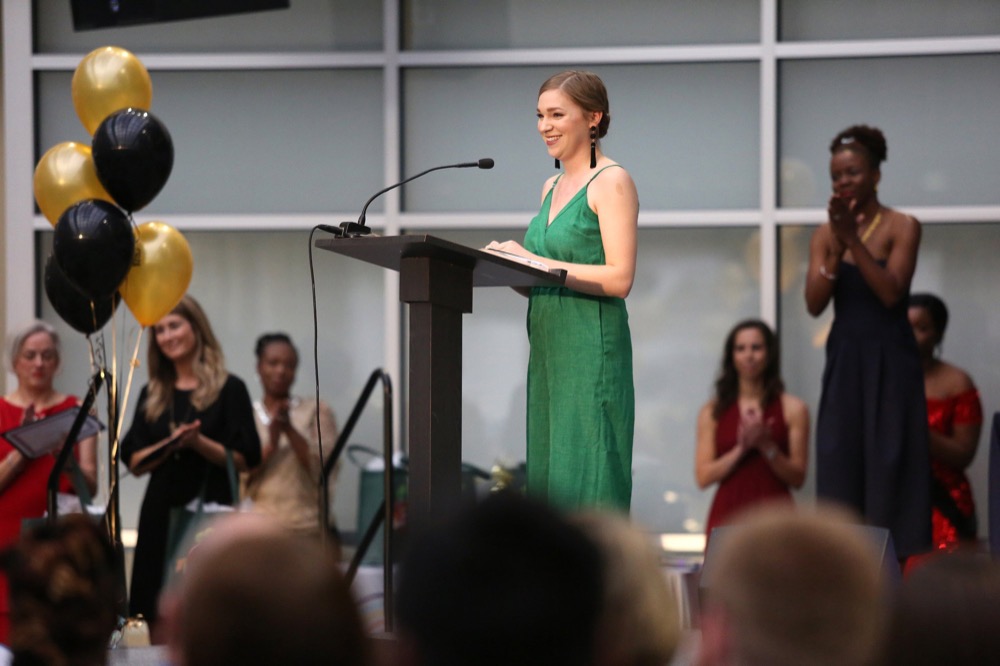 Sydney Hester, a The Howard School teacher, says a few words of thanks after she is honored for winning the Excellence in Instruction award during the OZcars Gala Friday, May 10, 2019 at Unum in Chattanooga, Tennessee. Hester was one of three teachers given excellence awards during the event. The other awards given out were for passionate practice and relationship.