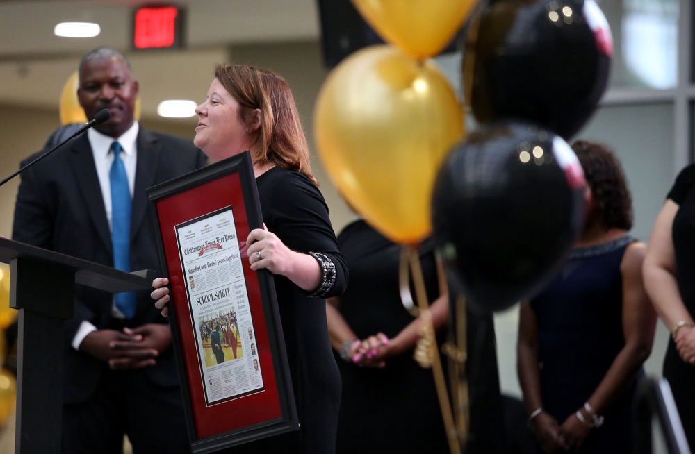 Jill Levine talks about the principal of the year, The Howard School's Le Andrea Ware, during the OZcars Gala Friday, May 10, 2019 at Unum in Chattanooga, Tennessee. The event was held for the Opportunity Zone schools in Hamilton County to celebrate educators who have gone above and beyond to help students succeed.