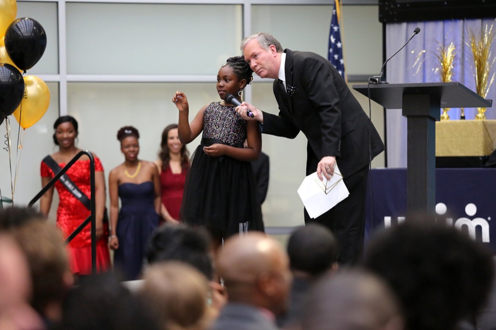 LeAyla Johnson of Barger Academy counts how many people she knows in the audience after emcee and WRCB anchor David Carroll asks her during the OZcars Gala Friday, May 10, 2019 at Unum in Chattanooga, Tennessee. LeAyla read her poem "Hey Me!" to the audience during the event.