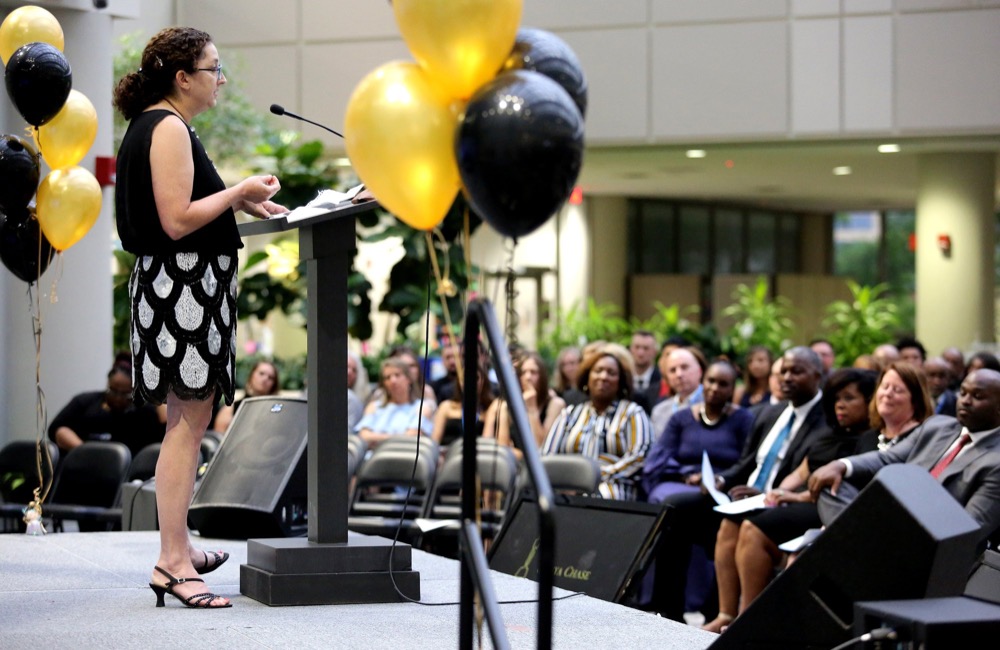 Sonya Chase, a teacher at Barger Academy, says a few words of thanks after she is honored for winning the Excellence in Relationship award during the OZcars Gala Friday, May 10, 2019 at Unum in Chattanooga, Tennessee. Chase was one of three teachers given excellence awards during the event. The other awards given out were for instruction and passionate practice.