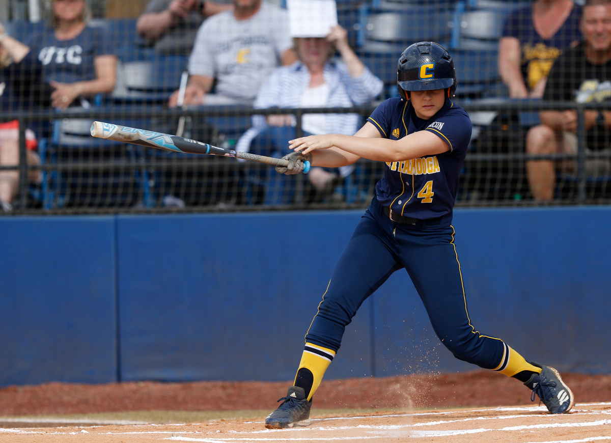 Chattanooga's Hayleigh Weissenbach bats during the Mocs' SoCon softball championship game against the UNCG Spartans at Frost Stadium on Saturday, May 11, 2019, in Chattanooga, Tenn.