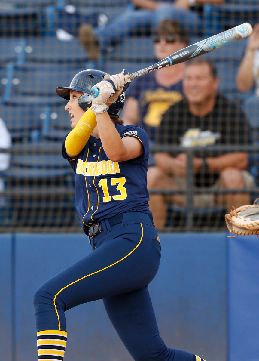 Chattanooga's Emma Sturdivant bats during the Mocs' SoCon softball championship game against the UNCG Spartans at Frost Stadium on Saturday, May 11, 2019, in Chattanooga, Tenn.